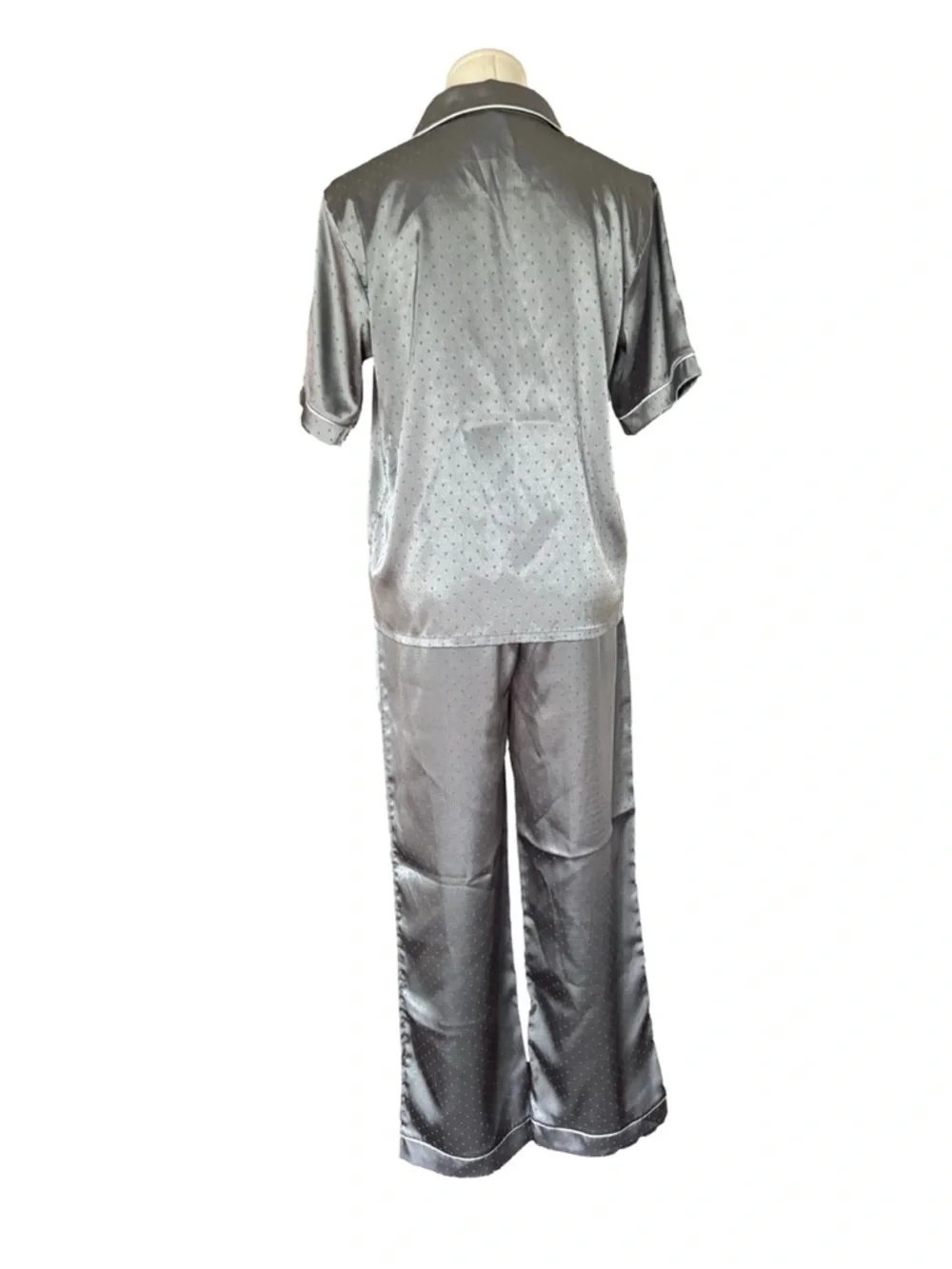 Loungewear Pajama Set - Silver Satin Polka Dot - M